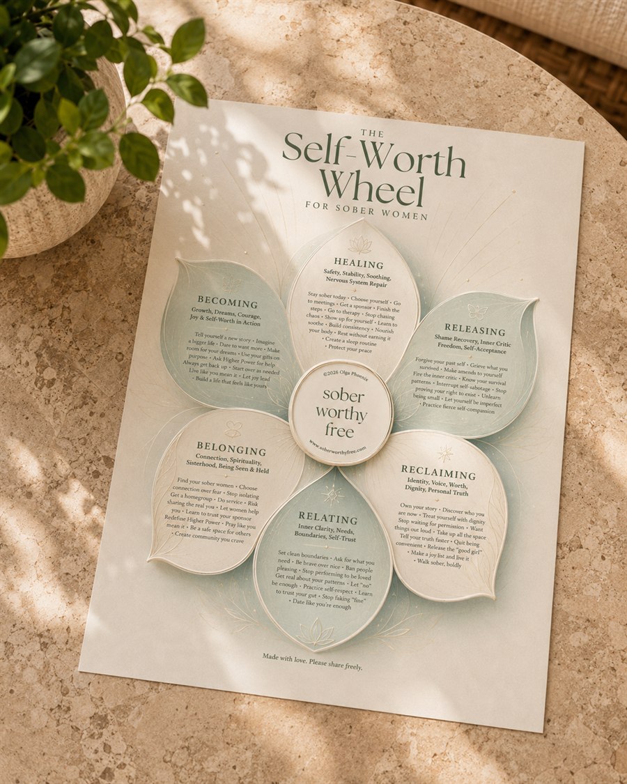 The Self-Worth Wheel for Sober Women flatlay